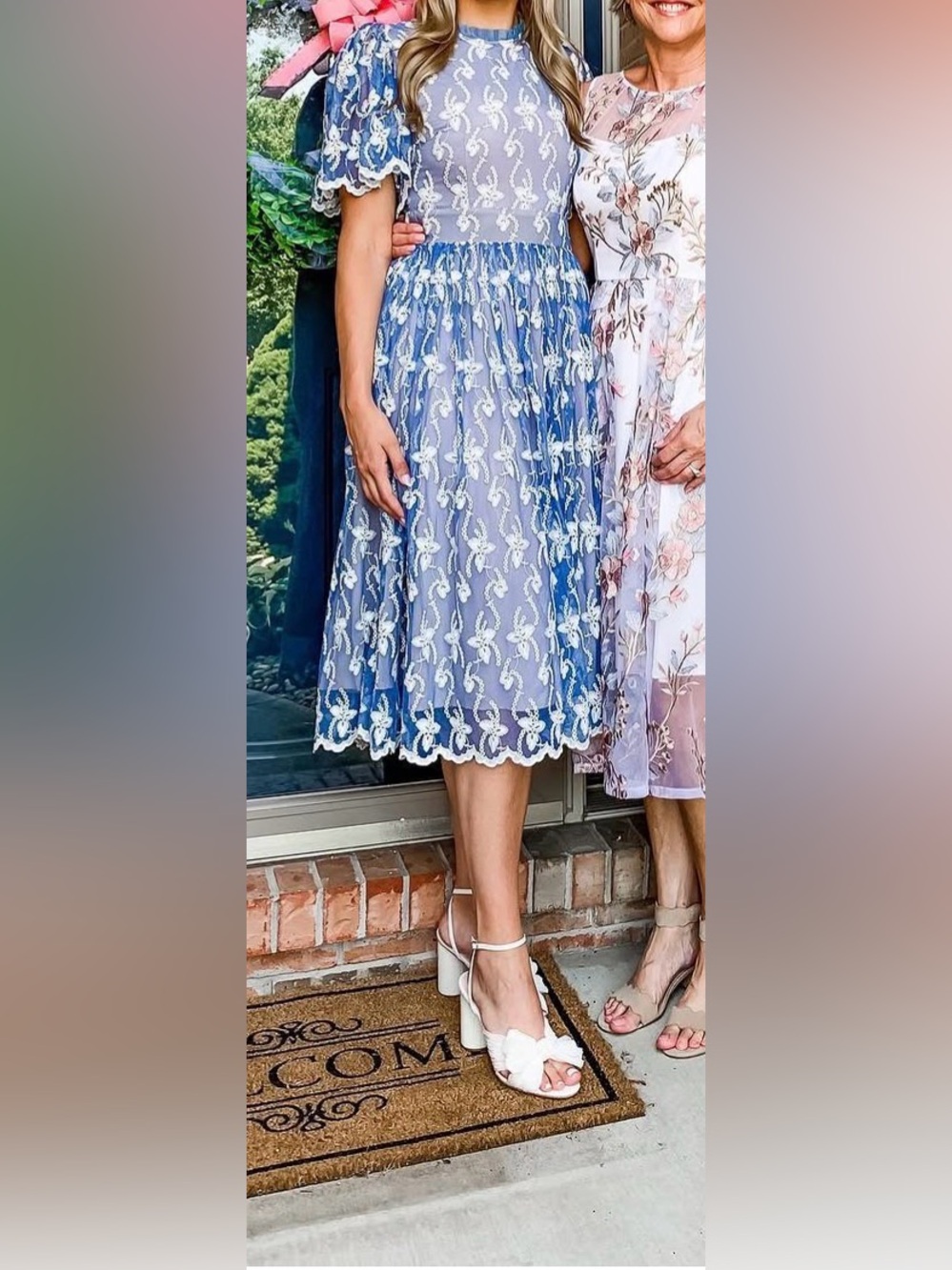 Ivy City Co Blue Midi Dress with White Lace Overlay